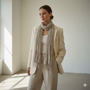 MDC NEW YORK Silk Cashmere Scarf‎ Beige Ruched Textured Fringe Luxury Basic Chic